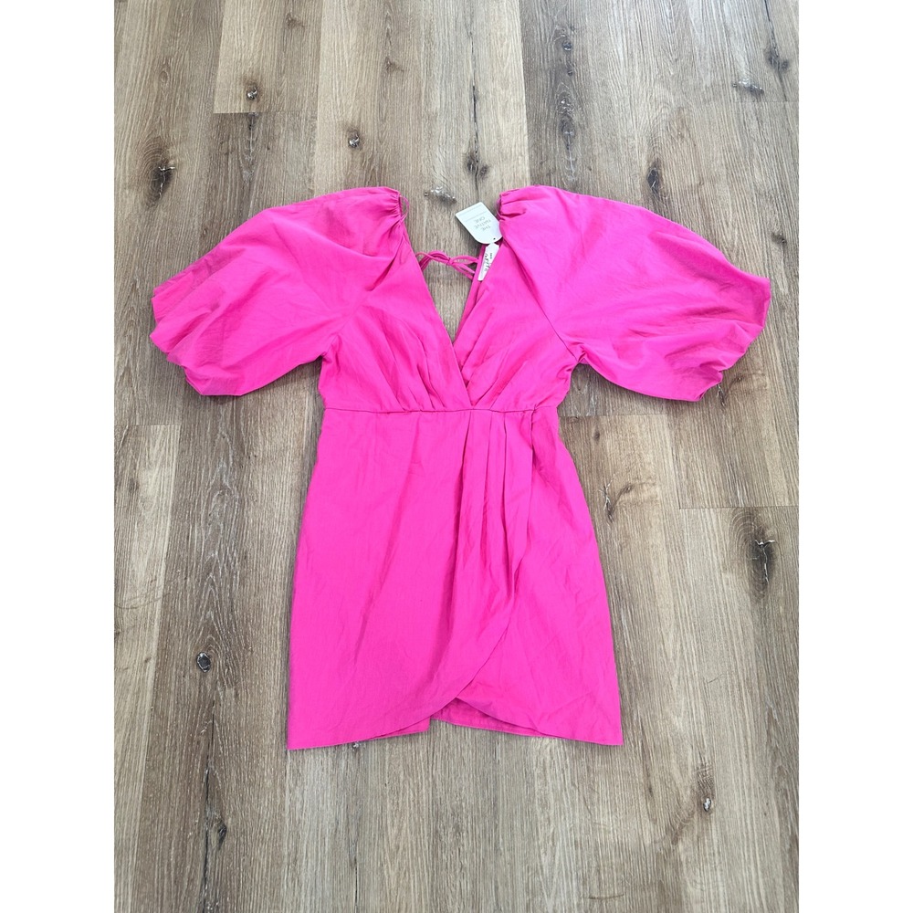 The Native One Magenta Versatiles Tie Front‎ Mini Dress Pink Puff Sleeve Medium